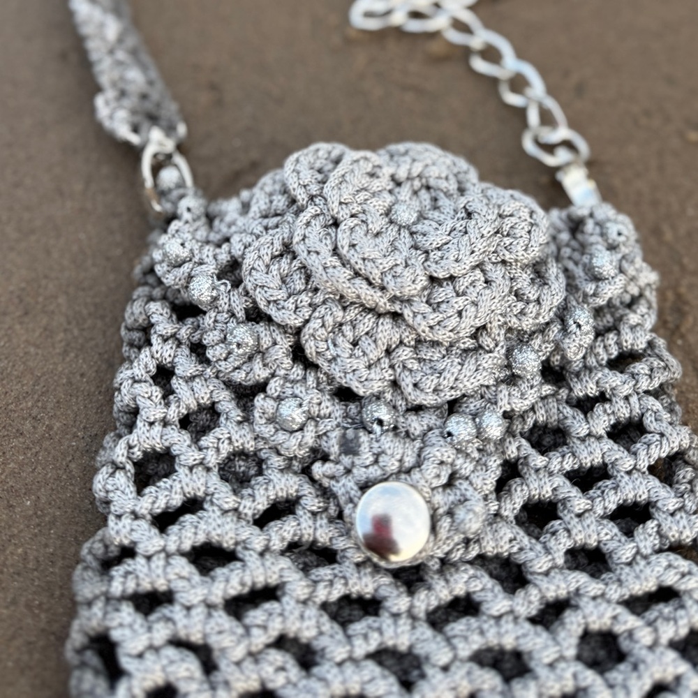 Gray Handmade Crochet Crossbody/Shoulder Bag – Adjustable Strap - Picture 9 of 11
